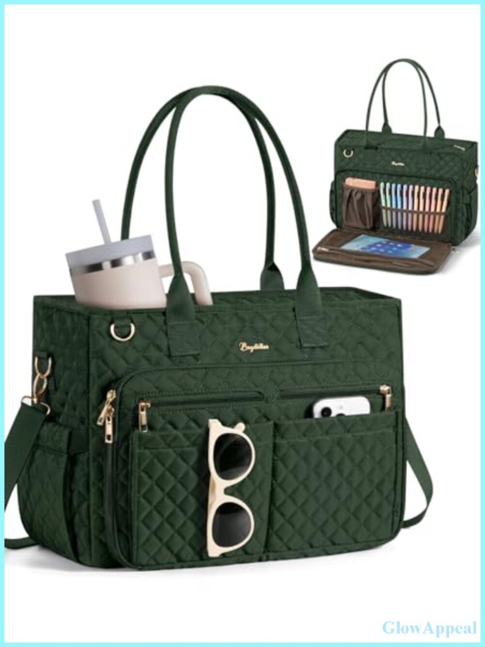 Large Capacity Laptop Tote Bag with 20 Pockets, Fits 15.6" Laptop, Tumbler,